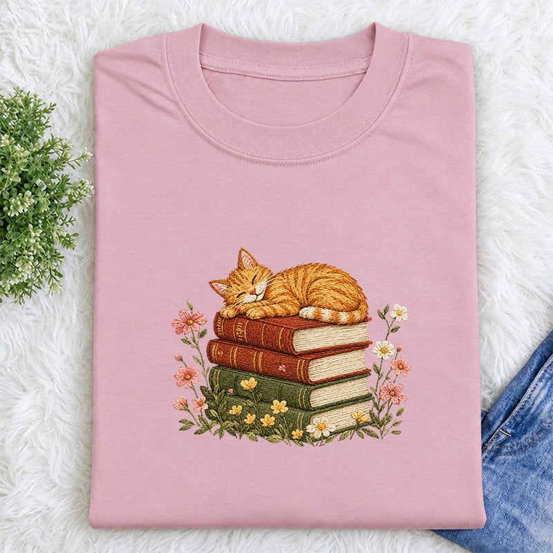 Embroidered Cat Sleeping On Books Classic Crew Neck T-Shirt