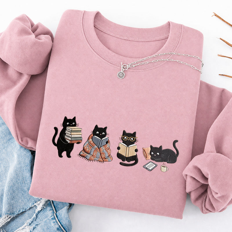 Embroidered Bookish Black Cats Classic Crewneck Sweatshirt