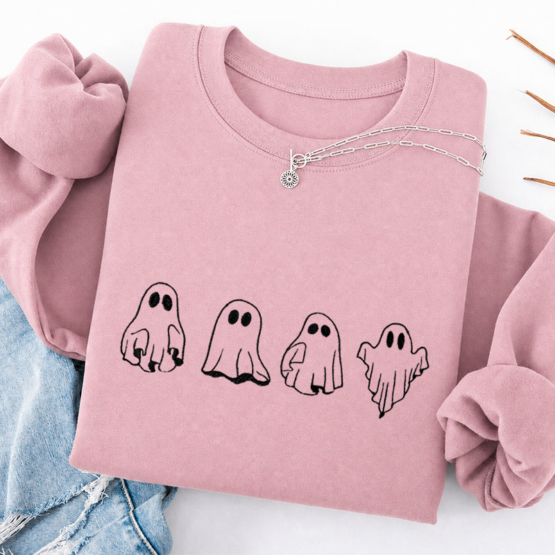 Embroidered Treat Or Trick Ghosts Halloween Classic Crewneck Sweatshirt