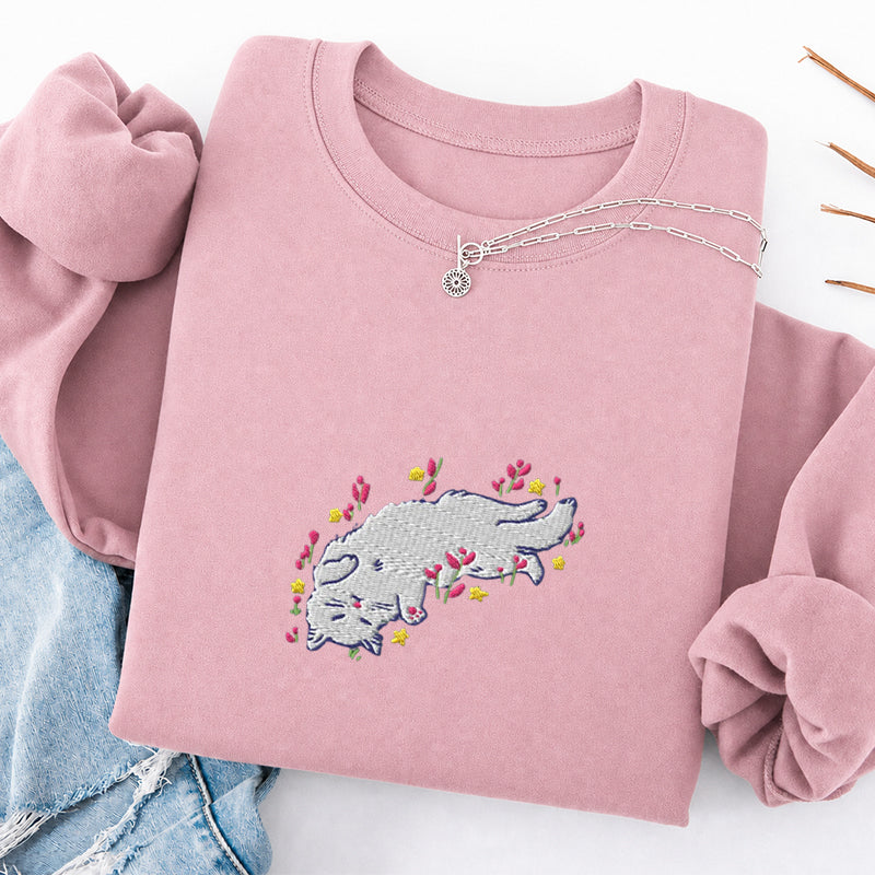 Embroidered Floral Playing Cat Classic Crewneck Sweatshirt