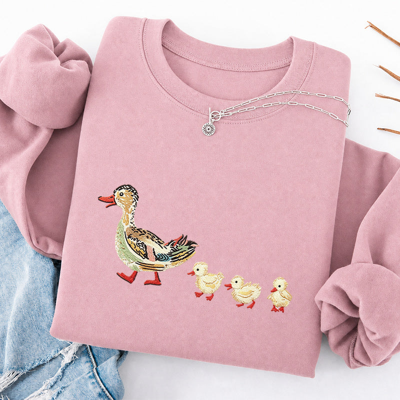 Embroidered Art Mama Duck And Ducklings Classic Crewneck Sweatshirt