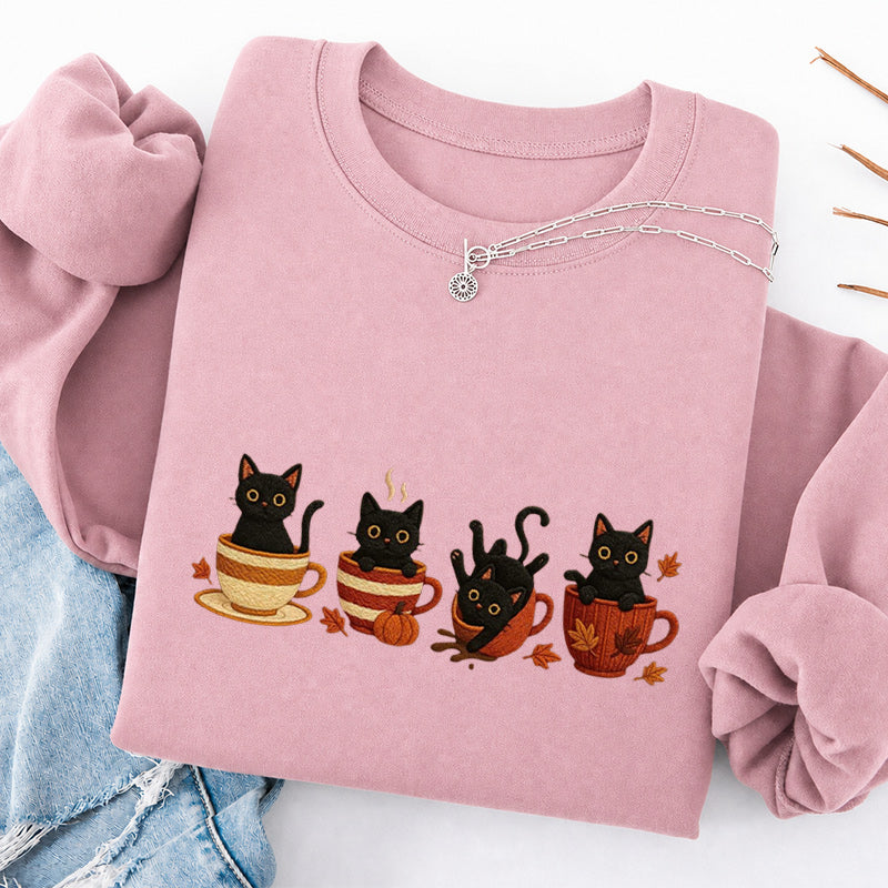 Embroidered Black Cat Coffee Classic Crewneck Sweatshirt
