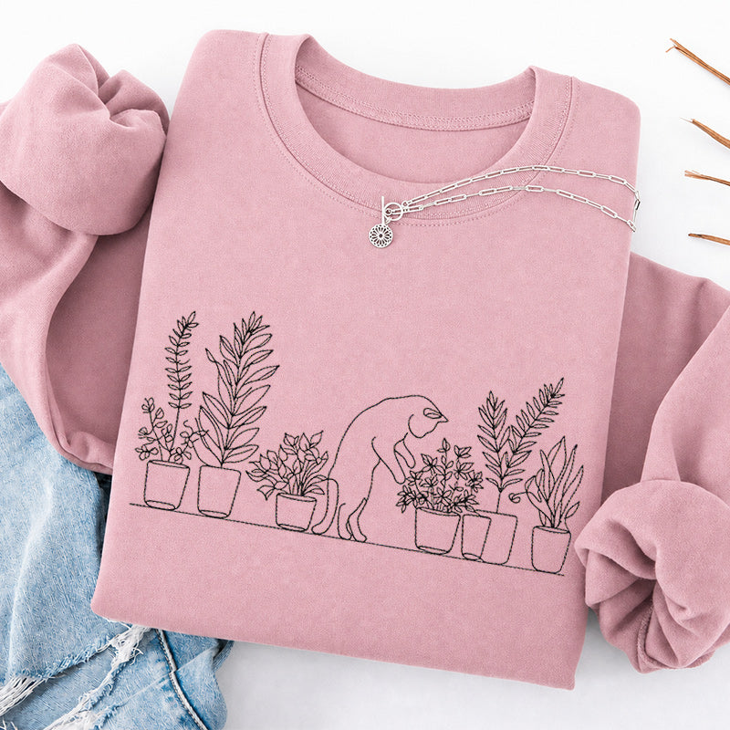 Embroidered Cat and Plant Lover Classic Crewneck Sweatshirt