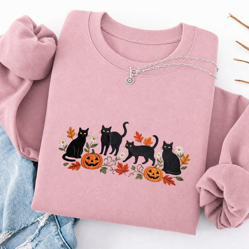 Embroidered Halloween Black Cat Pumpkins Classic Crewneck Sweatshirt
