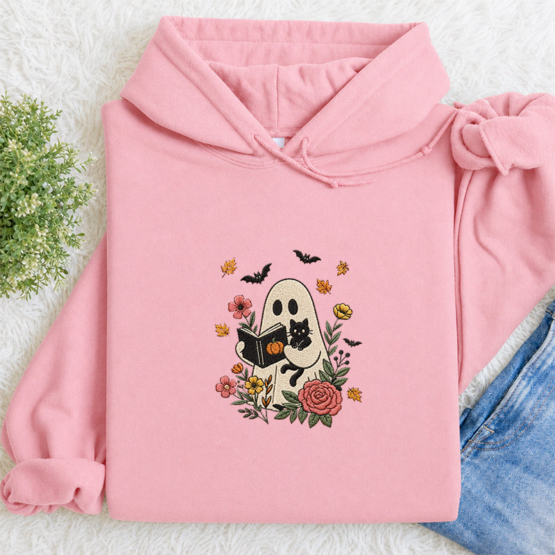 Embroidered Floral Ghost Reading Classic Adult Unisex Hoodie