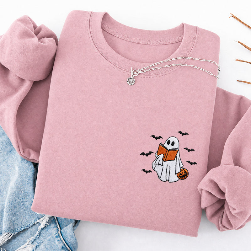 Embroidered Halloween Reading Ghost Classic Crewneck Sweatshirt