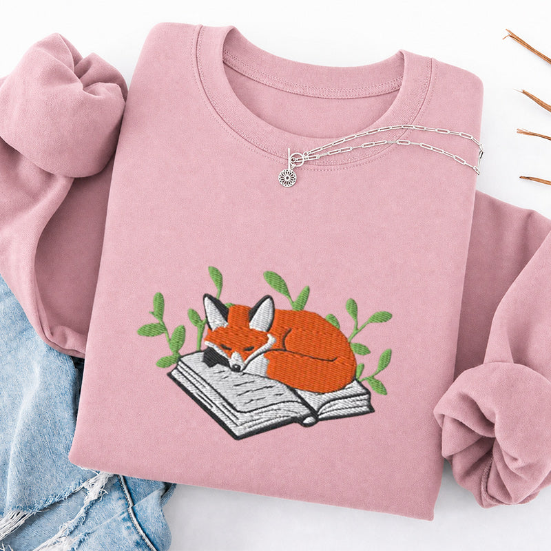 Embroidered Sleeping Fox On The Book Classic Crewneck Sweatshirt