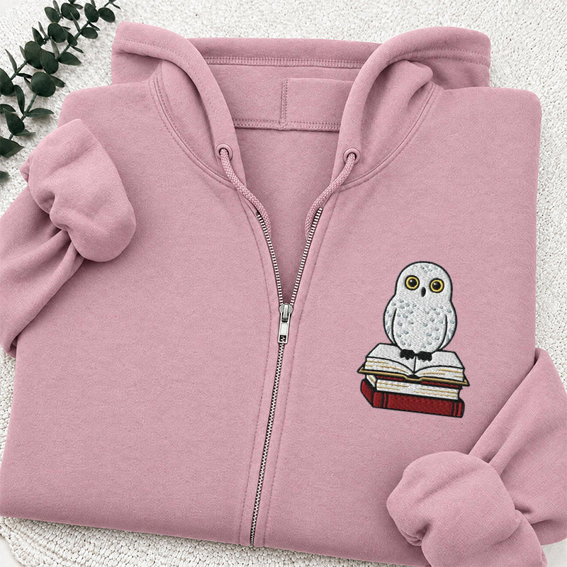 Embroidered Snow Owl On Bookstack Classic Full Zip Hoodie