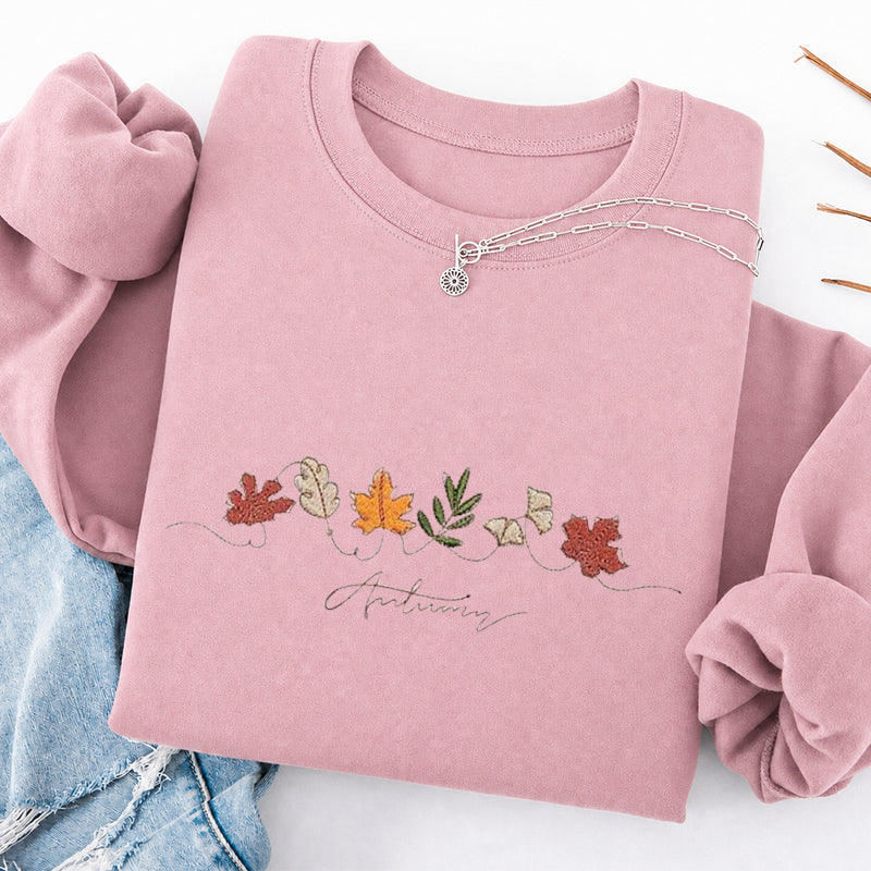 Embroidered Autumn Leaves Classic Crewneck Sweatshirt