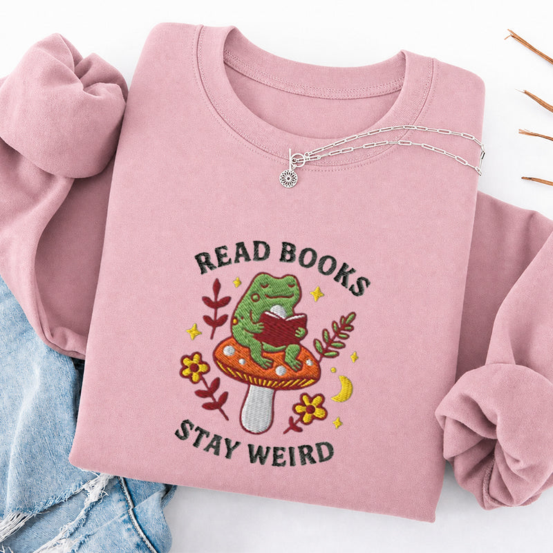 Embroidered Read Books Stay Weird Reading Frog Classic Crewneck Sweatshirt
