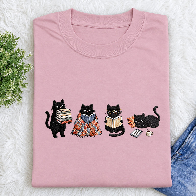 Embroidered Bookish Black Cats Classic Crew Neck T-Shirt