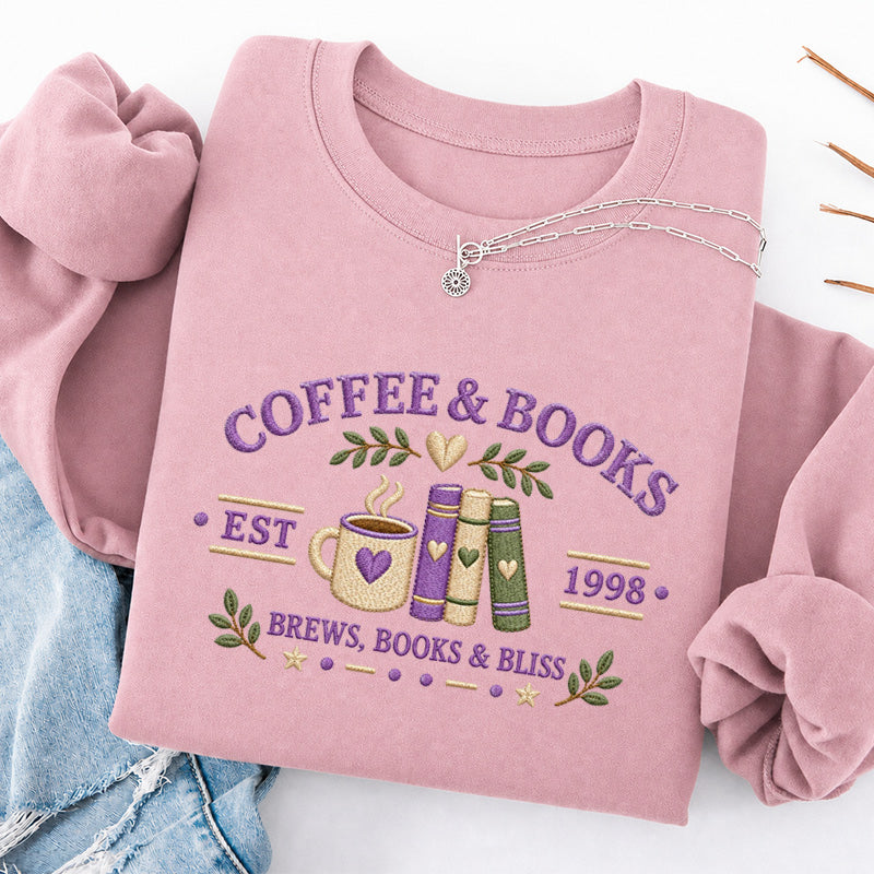 Embroidered Coffee And Books Classic Crewneck Sweatshirt