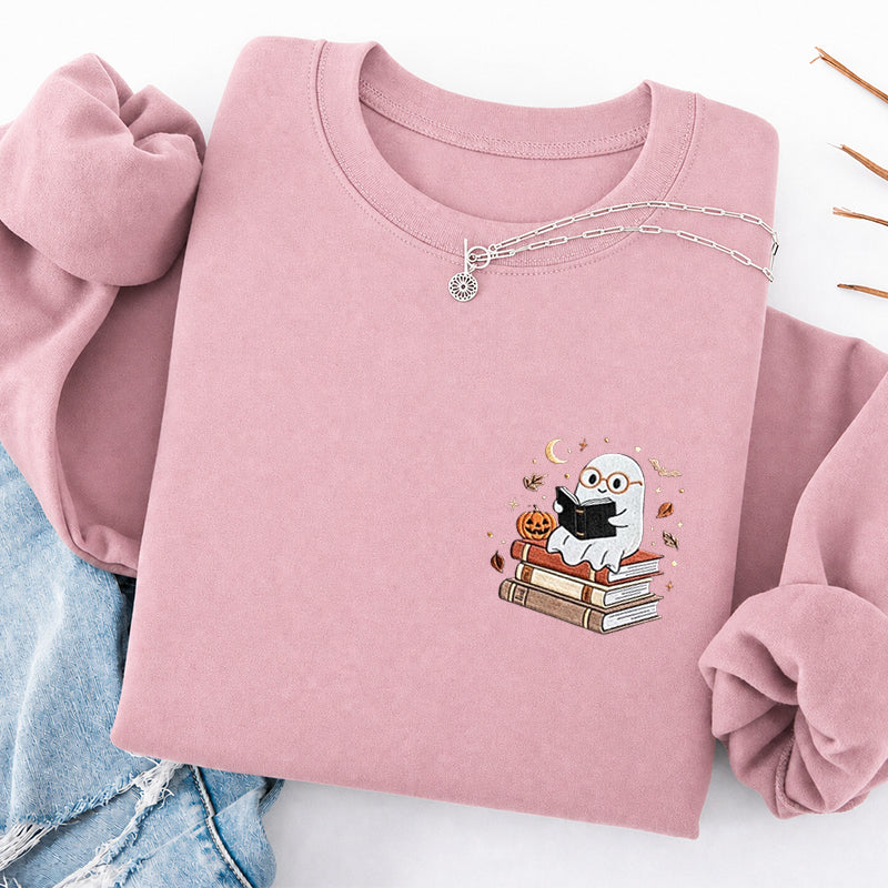 Embroidered Ghost Reading Books Classic Crewneck Sweatshirt