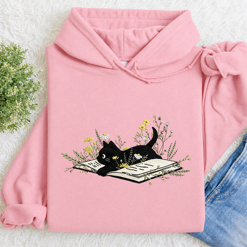 Embroidered Floral Book Cat Classic Adult Unisex Hoodie
