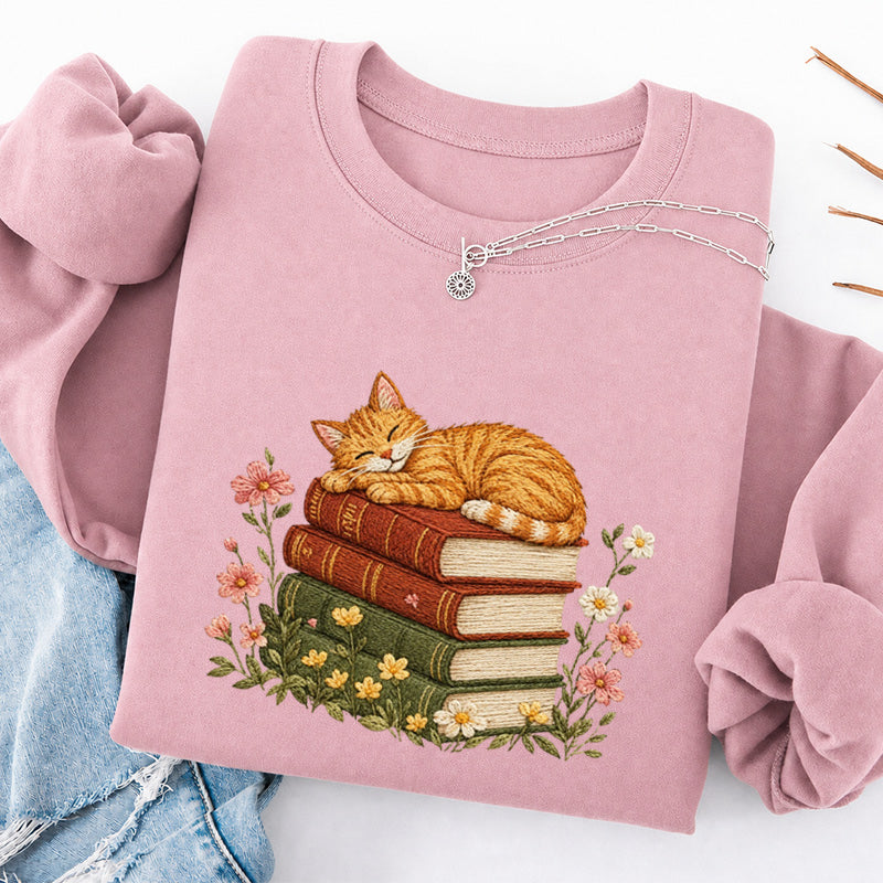 Embroidered Cat Sleeping On Books Classic Crewneck Sweatshirt
