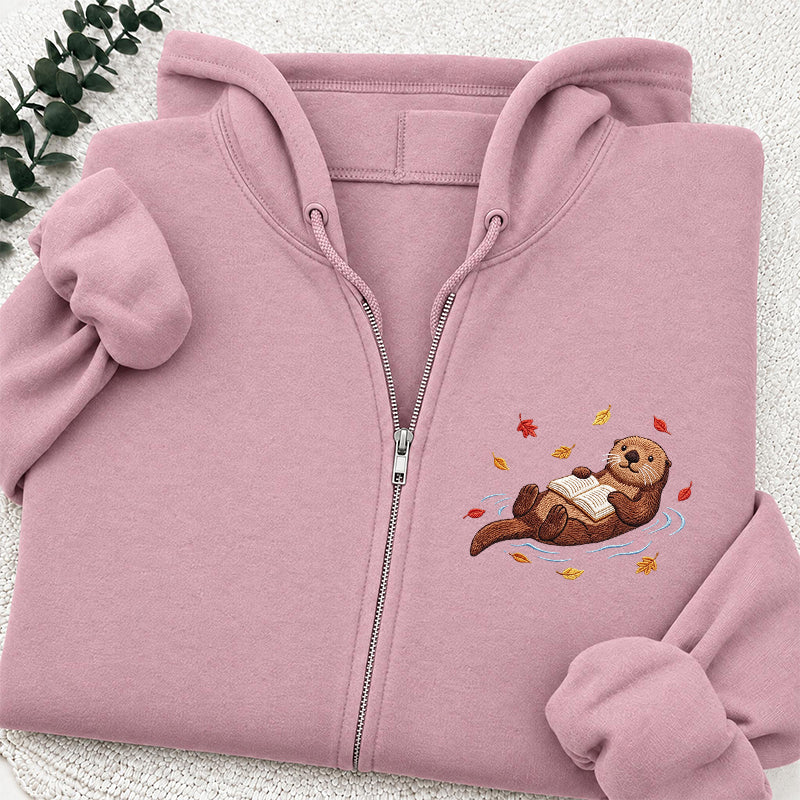 Embroidered Otter Reading Book Classic Full Zip Hoodie