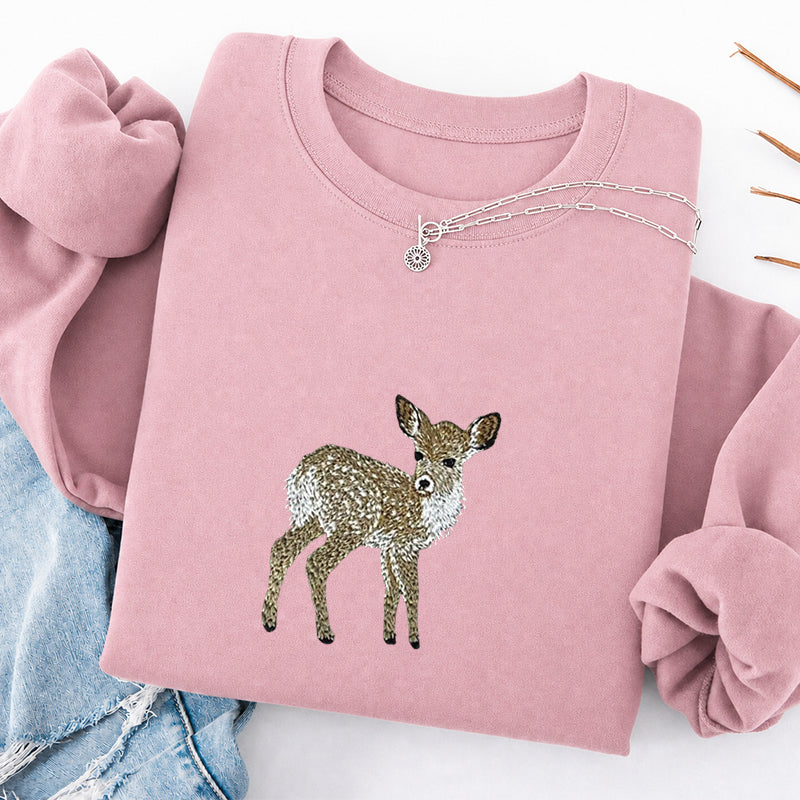 Embroidered Forest Deer Classic Crewneck Sweatshirt