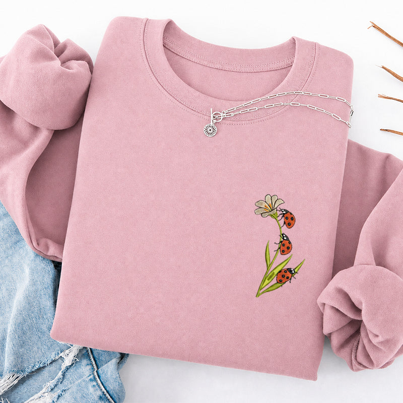 Embroidered Ladybug & Daisy Classic Crewneck Sweatshirt