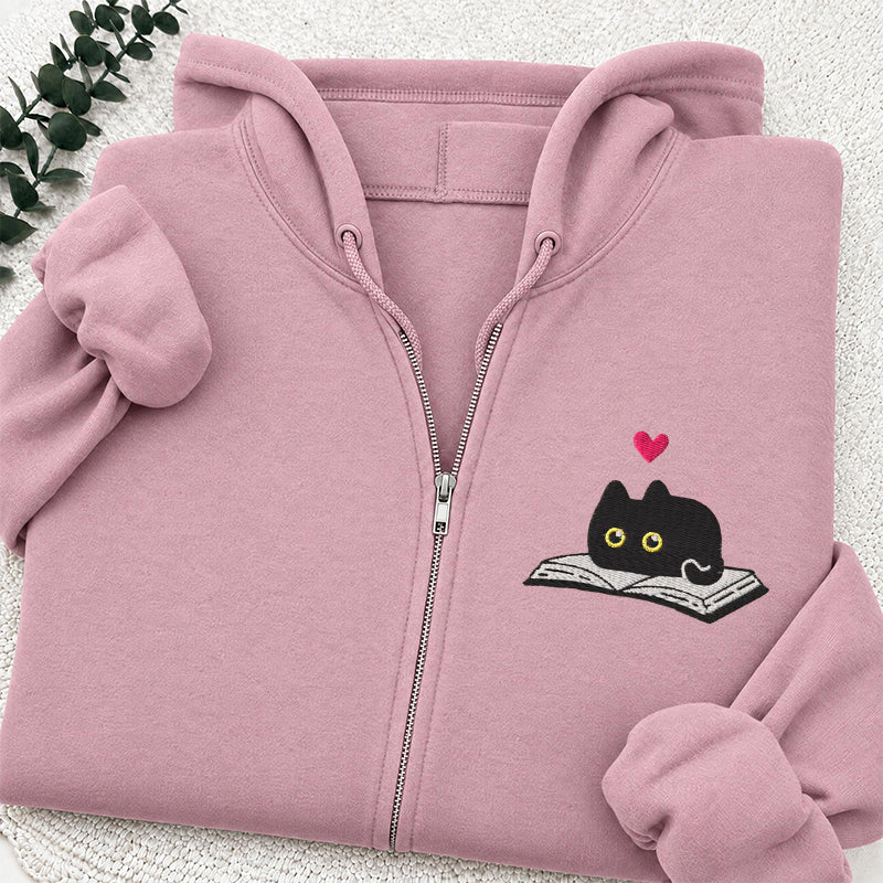 Embroidered Black Cat and Book Classic Adult Unisex Full Zip Hoodie