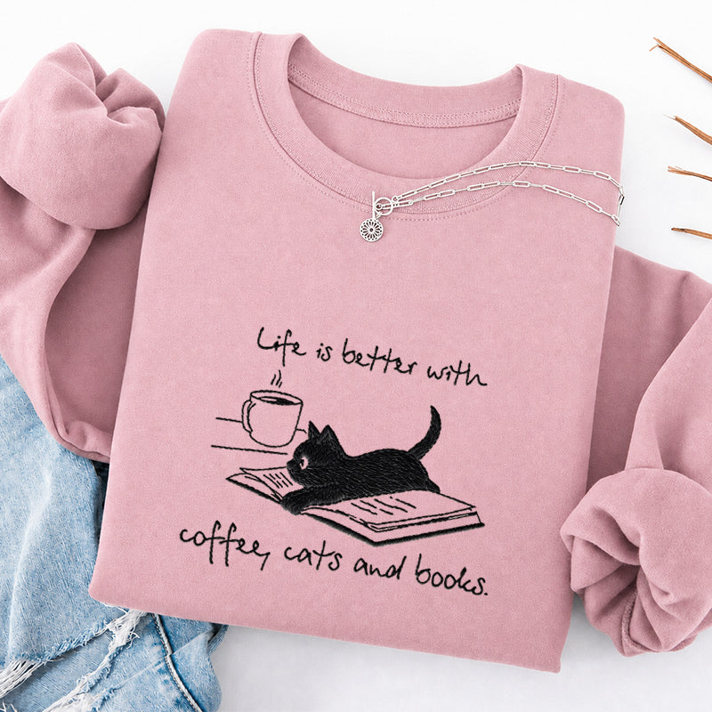 Embroidered Life Is Better With Coffee Book Cat Classic Crewneck Sweatshirt