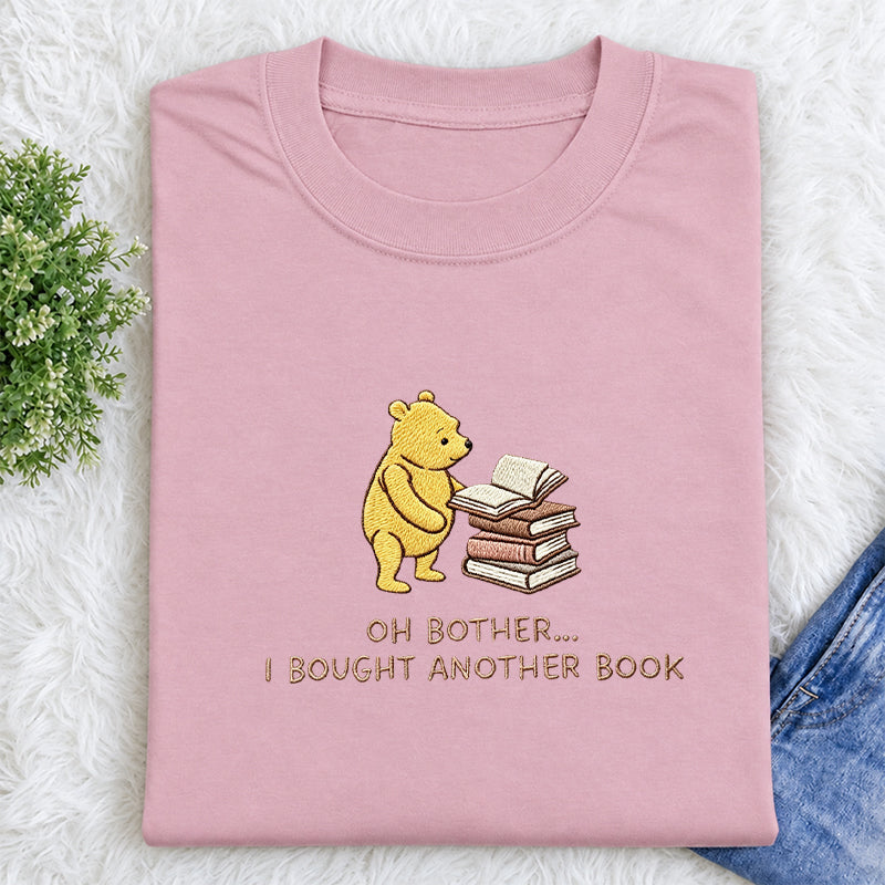 Embroidered Funny Bear Reading Books Classic Crew Neck T-Shirt