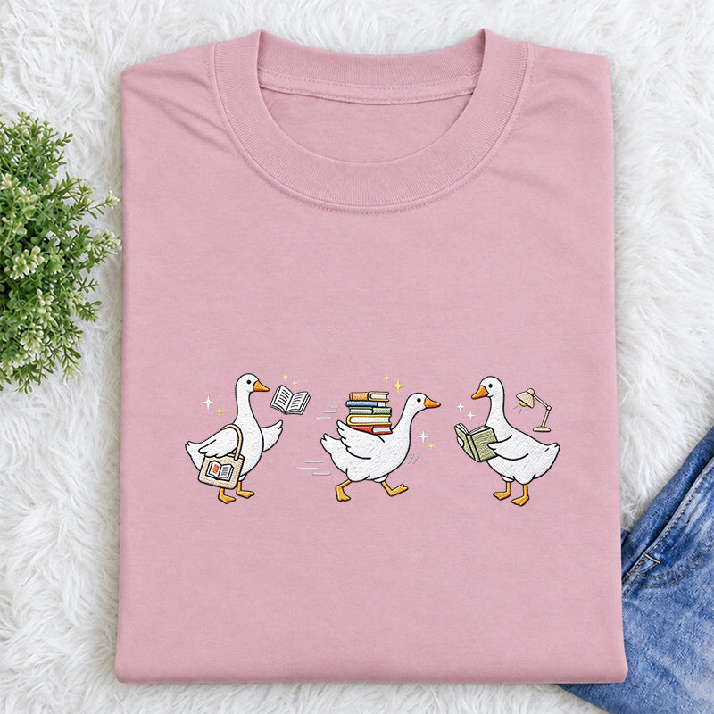 Embroidered Goose Reading Books Classic Crew Neck T-Shirt