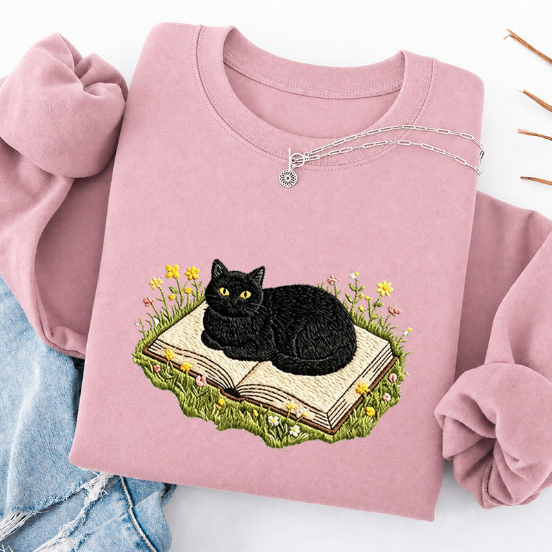 Embroidered Black Cat Book Classic Crewneck Sweatshirt