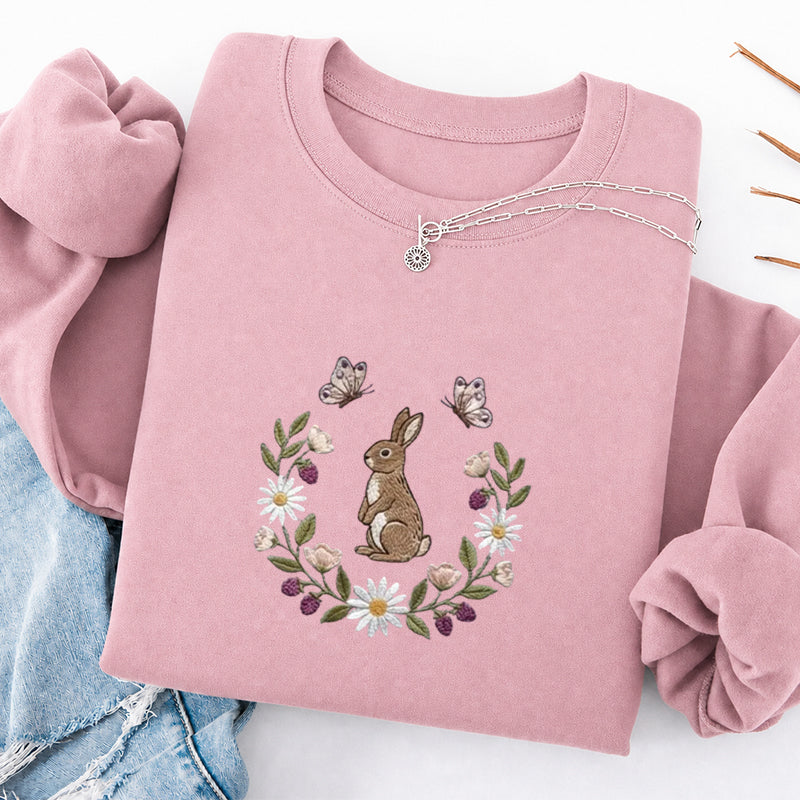 Embroidered Bunny Flower Classic Crewneck Sweatshirt