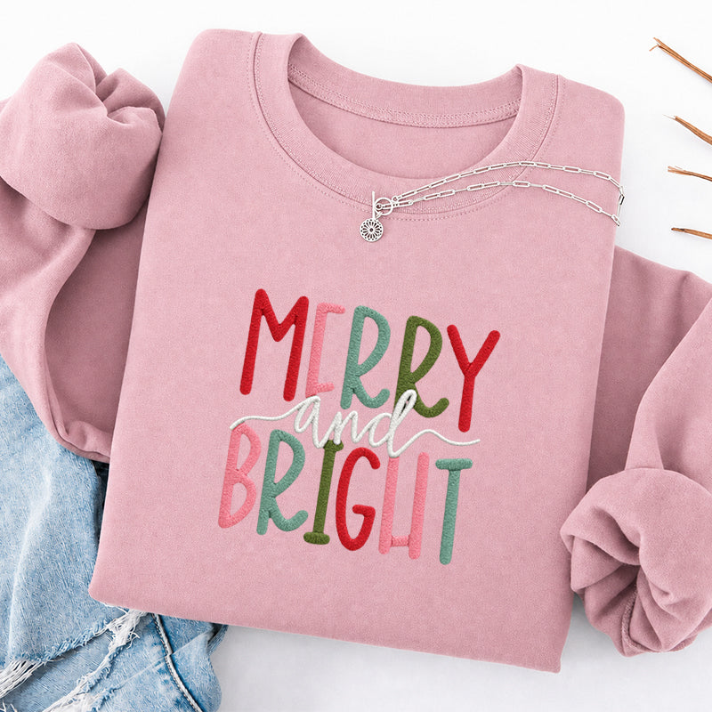 Embroidered Merry And Bright Christmas Classic Crewneck Sweatshirt