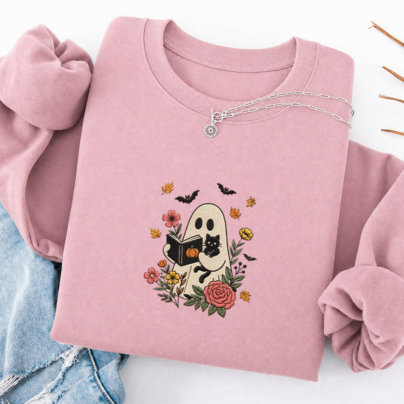 Embroidered Floral Ghost Reading Classic Crewneck Sweatshirt