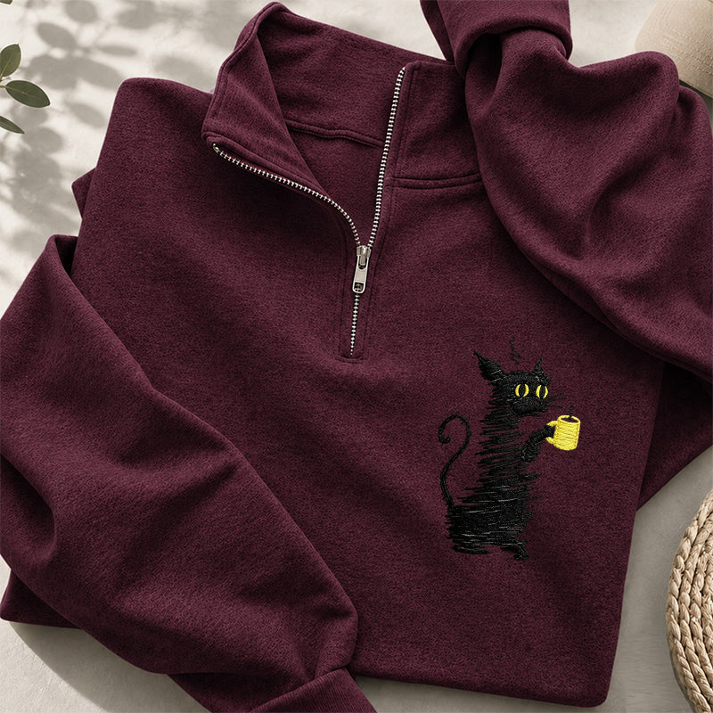 Embroidered Coffee Black Cat Classic Quarter Zip Sweatshirt