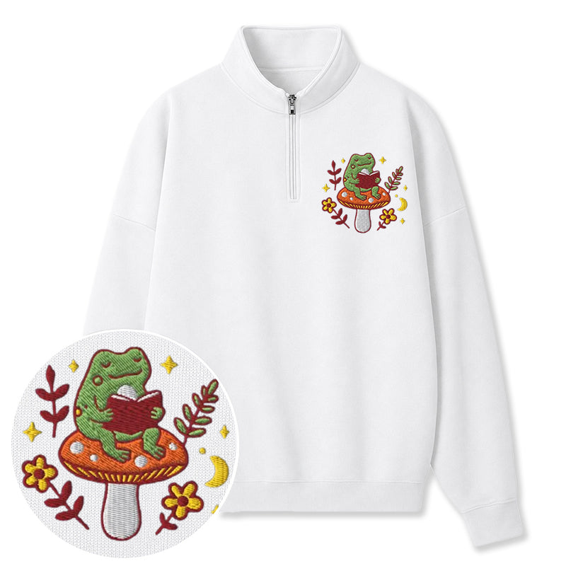 Embroidered Bookish Frog Classic Quarter Zip Sweatshirt