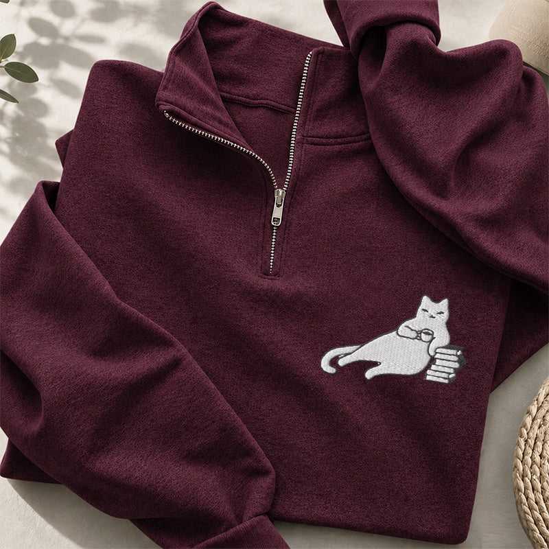 Embroidered Bookish Cat Drinking Coffee Classic Quarter Zip Sweatshirt