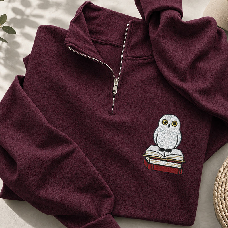 Embroidered Snow Owl On Bookstack Classic Quarter Zip Sweatshirt
