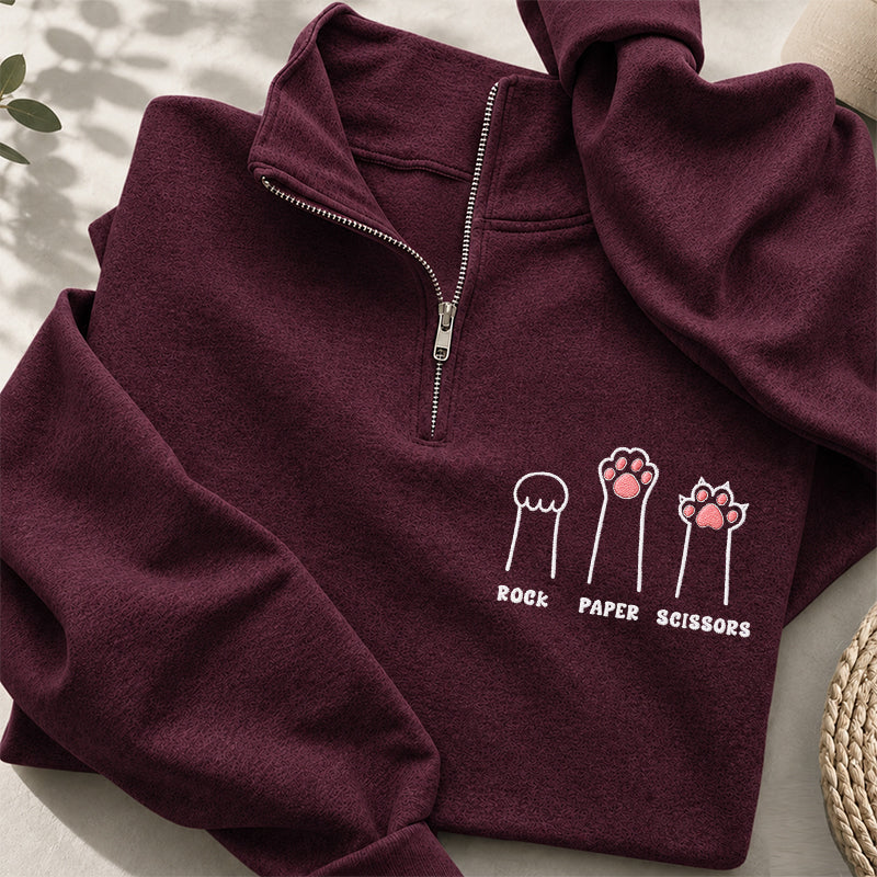Embroidered Rock Paper Scissors Cat Paw Classic Quarter Zip Sweatshirt