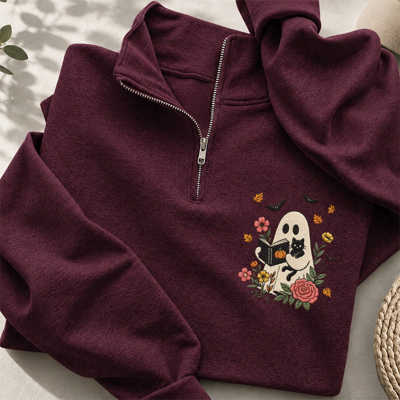 Embroidered Floral Ghost Reading Classic Quarter Zip Sweatshirt