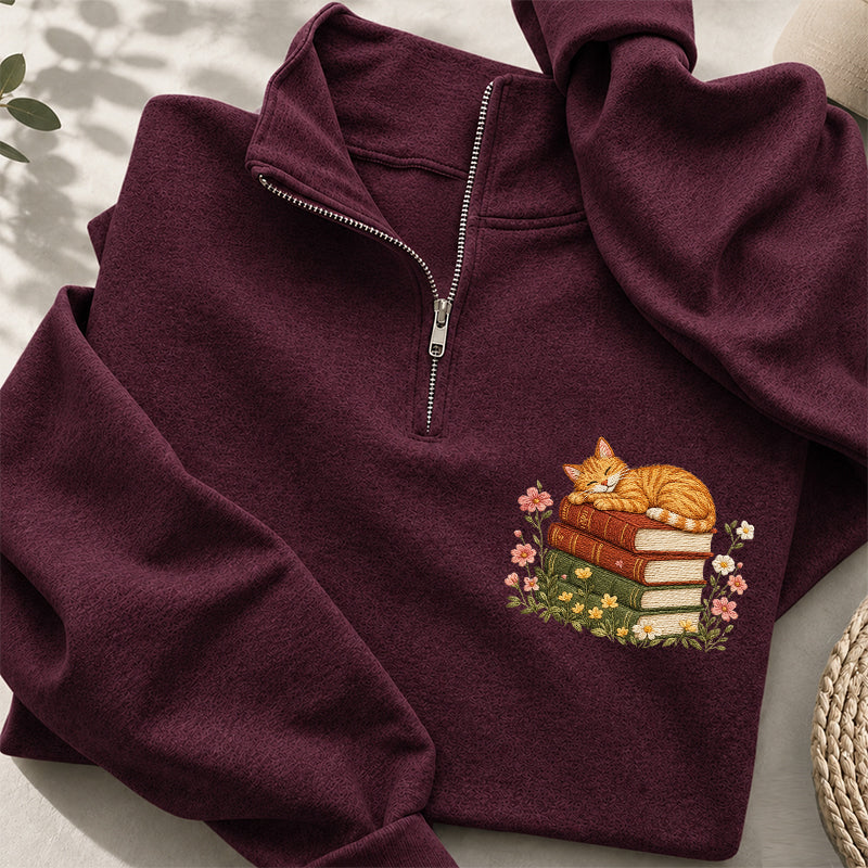 Embroidered Sleeping Cat On Books Classic Quarter Zip Sweatshirt