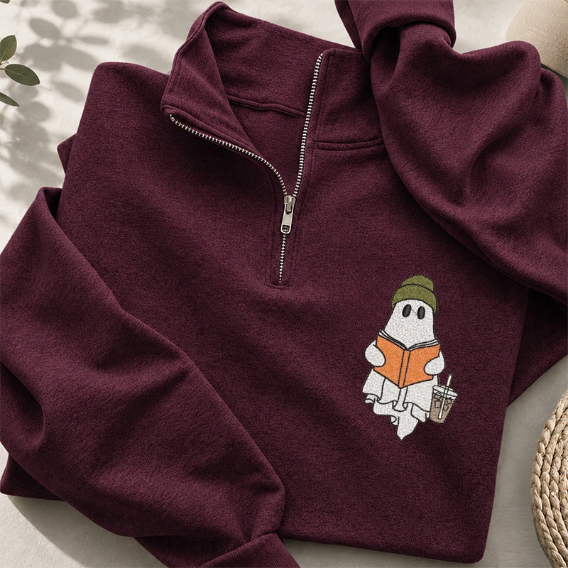 Embroidered Cute Ghost Reading Classic Quarter Zip Sweatshirt