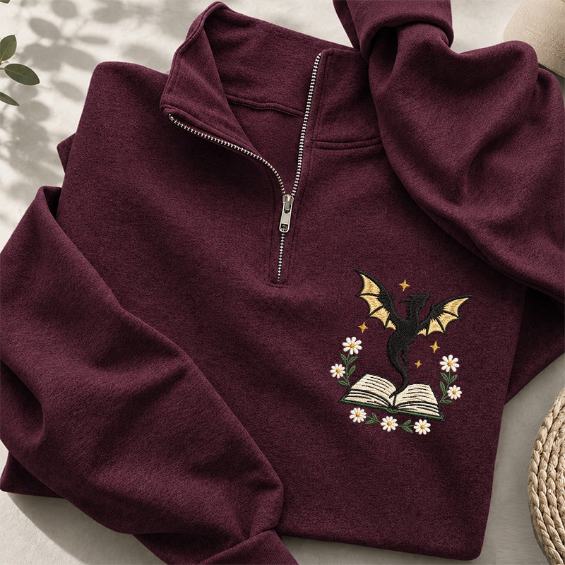 Embroidered Dragon Floral Book Classic Quarter Zip Sweatshirt