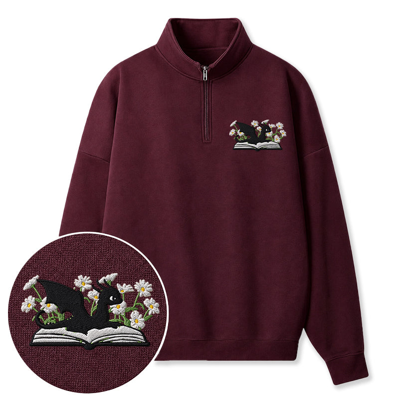 Embroidered Floral Dragon Book Classic Quarter Zip Sweatshirt