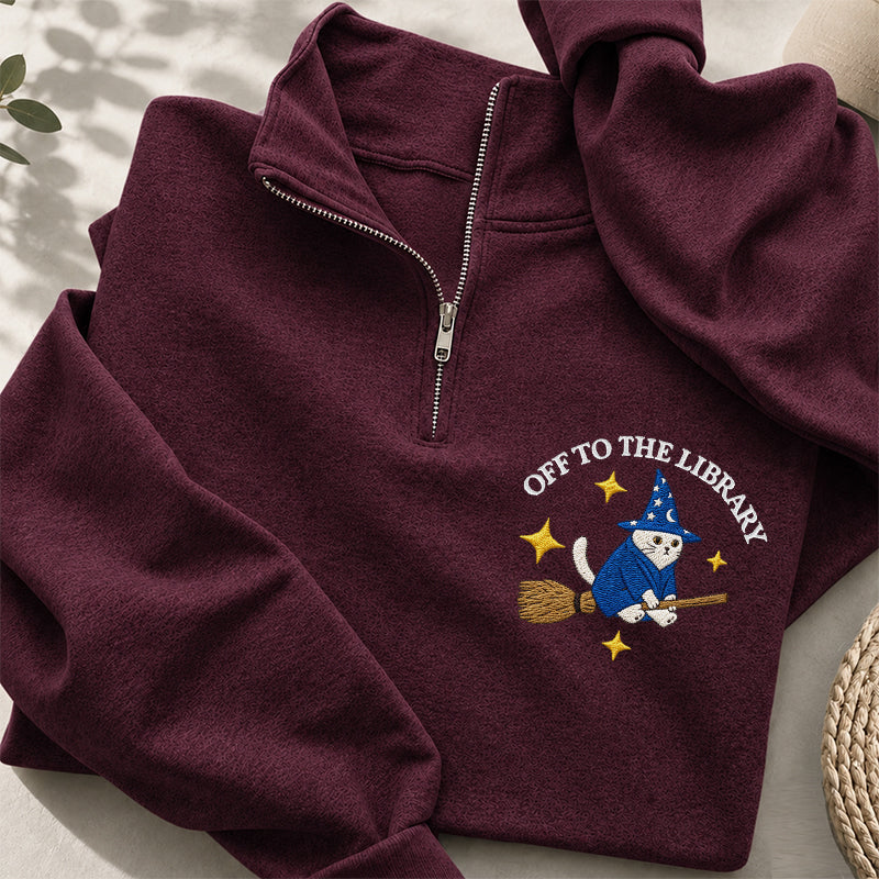 Embroidered Cat Off To The Library Classic Quarter Zip Sweatshirt