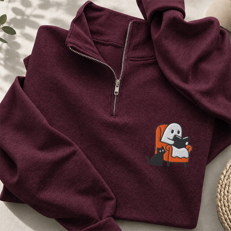 Embroidered Ghost Reading On Sofa Classic Quarter Zip Sweatshirt