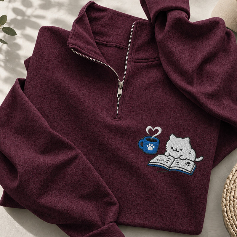 Embroidered Reading Kitten Classic Quarter Zip Sweatshirt
