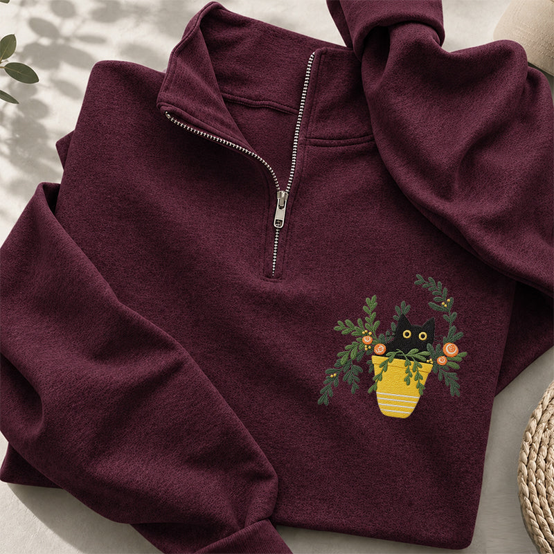 Embroidered Black Cat Flowerpot Classic Quarter Zip Sweatshirt