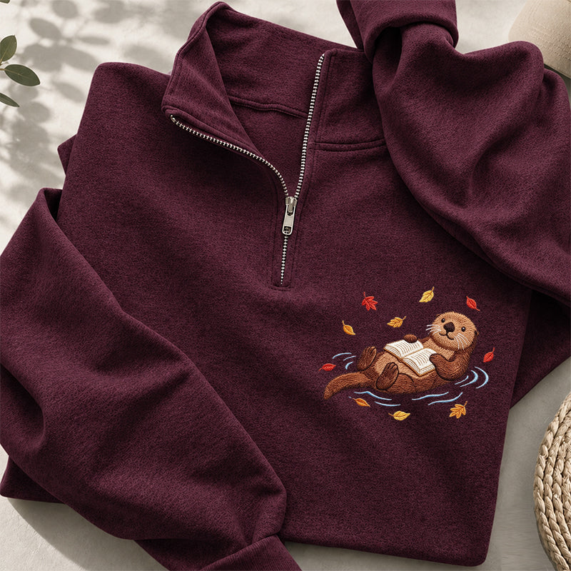 Embroidered Otter Reading Book Classic Quarter Zip Sweatshirt