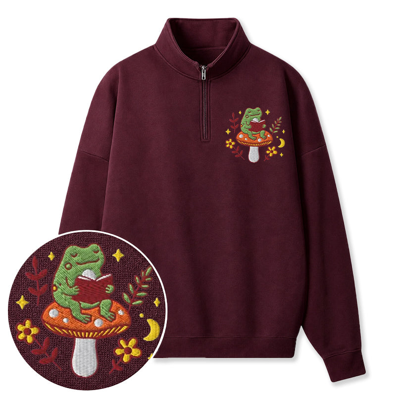 Embroidered Bookish Frog Classic Quarter Zip Sweatshirt