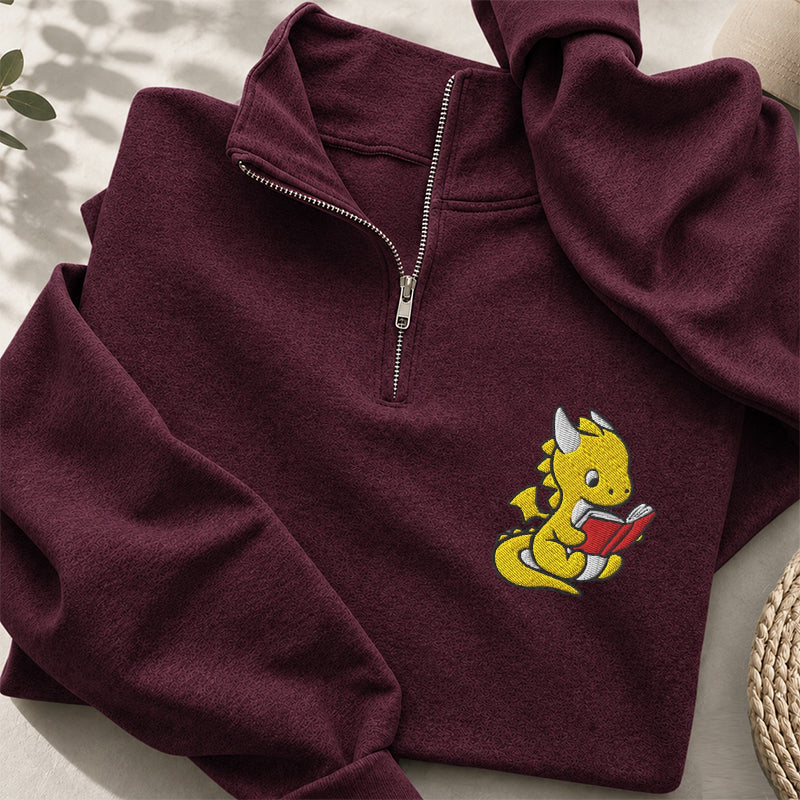 Embroidered Dragon Reading Books Classic Quarter Zip Sweatshirt
