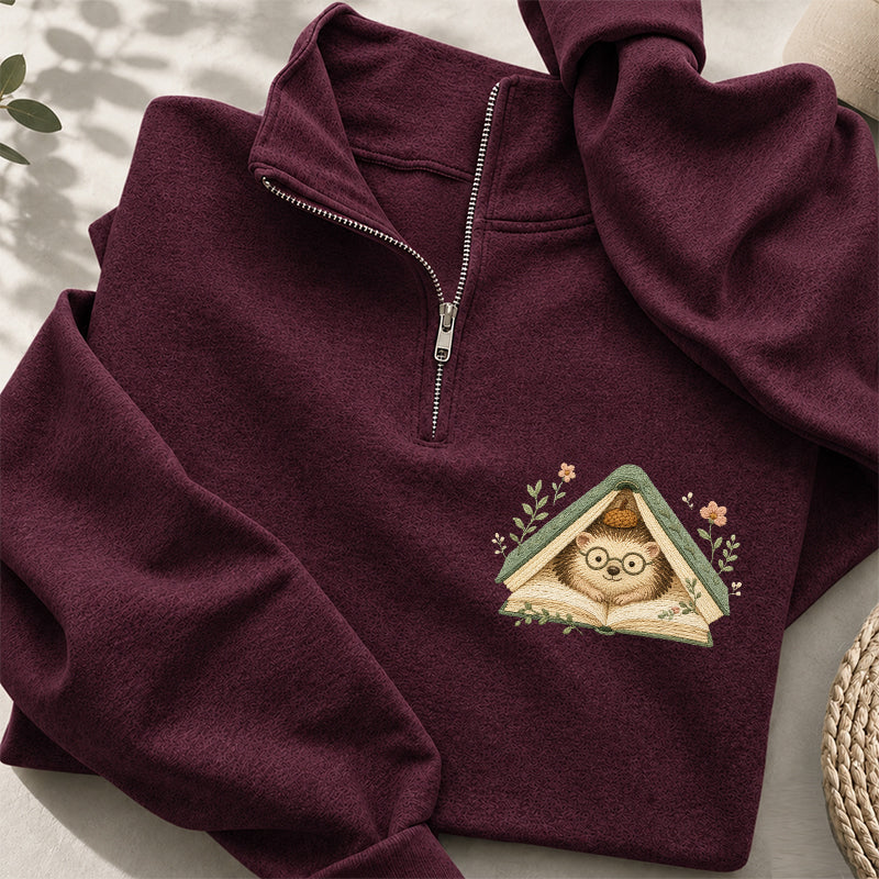 Embroidered Reading Hedgehog Classic Quarter Zip Sweatshirt