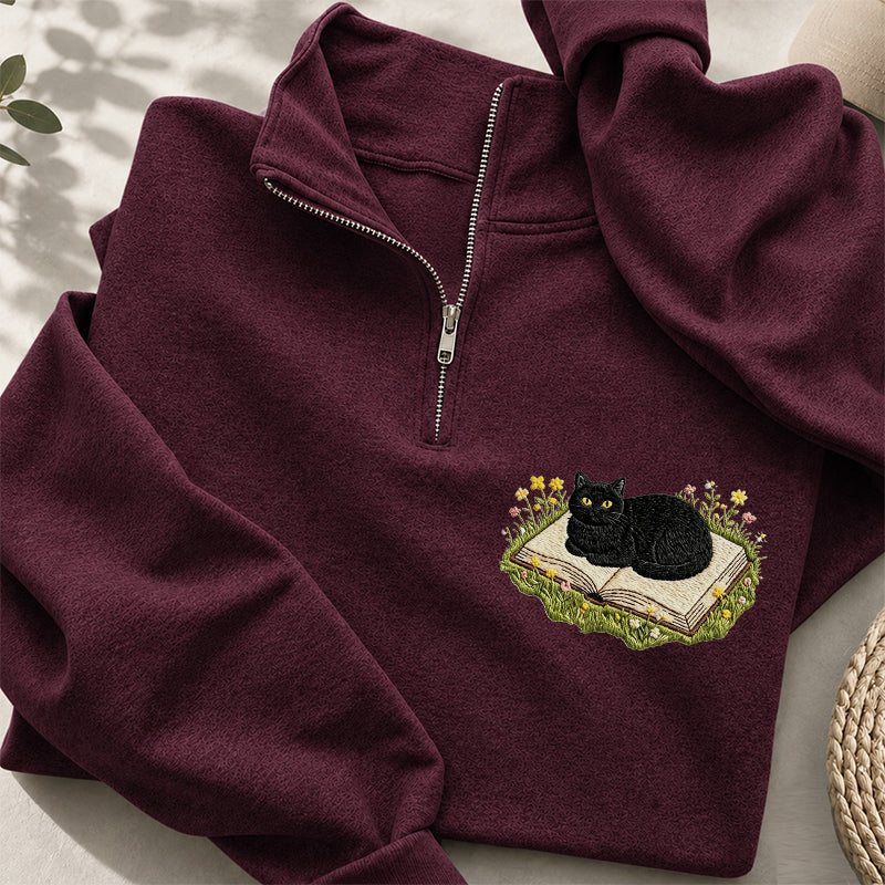 Embroidered Black Cat Book Classic Quarter Zip Sweatshirt