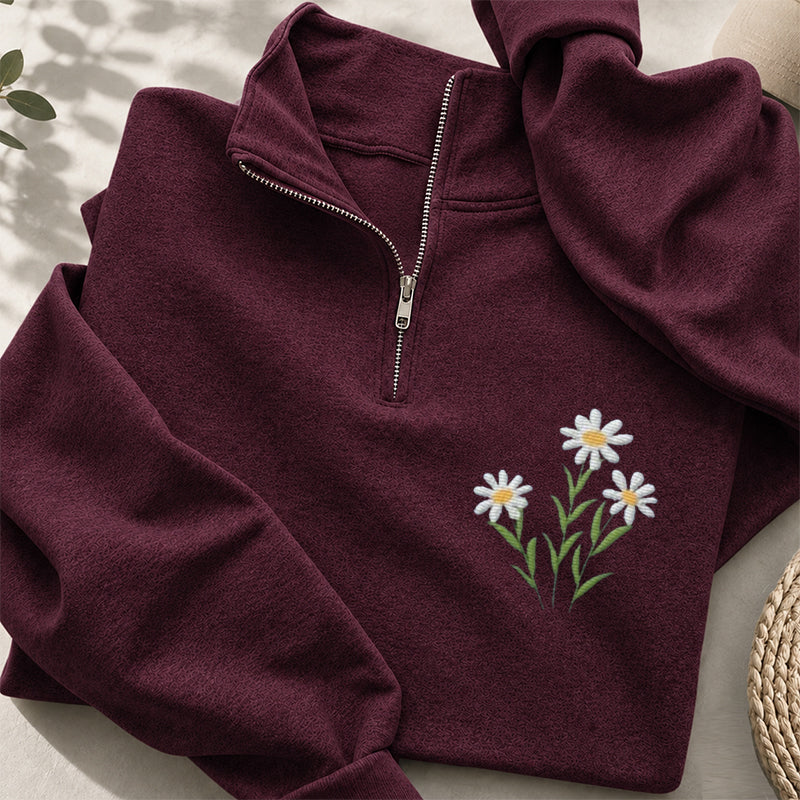 Embroidered Floral Daisy Classic Quarter Zip Sweatshirt
